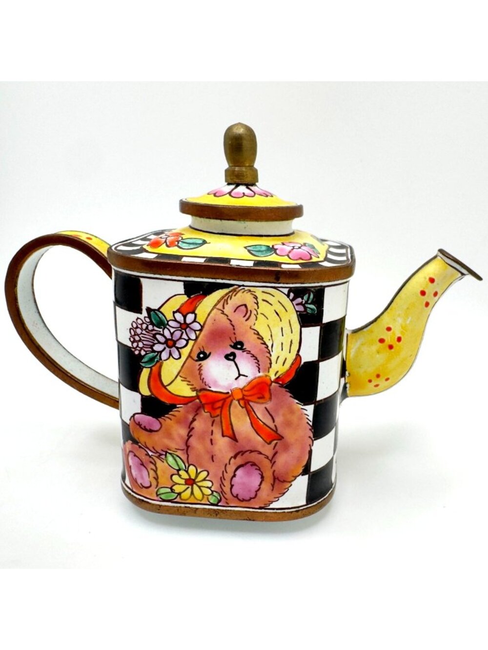 Kelvin Chen Hand-Painted Mini Teddy Bear Teapot Enamel On Copper Floral Checker